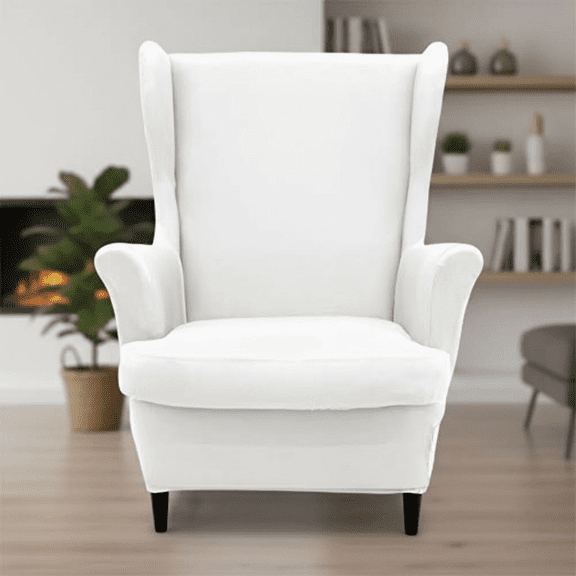 2-Piece Stretch Wing Chair Slipcover, Elastic Bottom Furniture Protector for Armchair or Sofa in Solid Color - Fits Living Room and Bedroom Decor