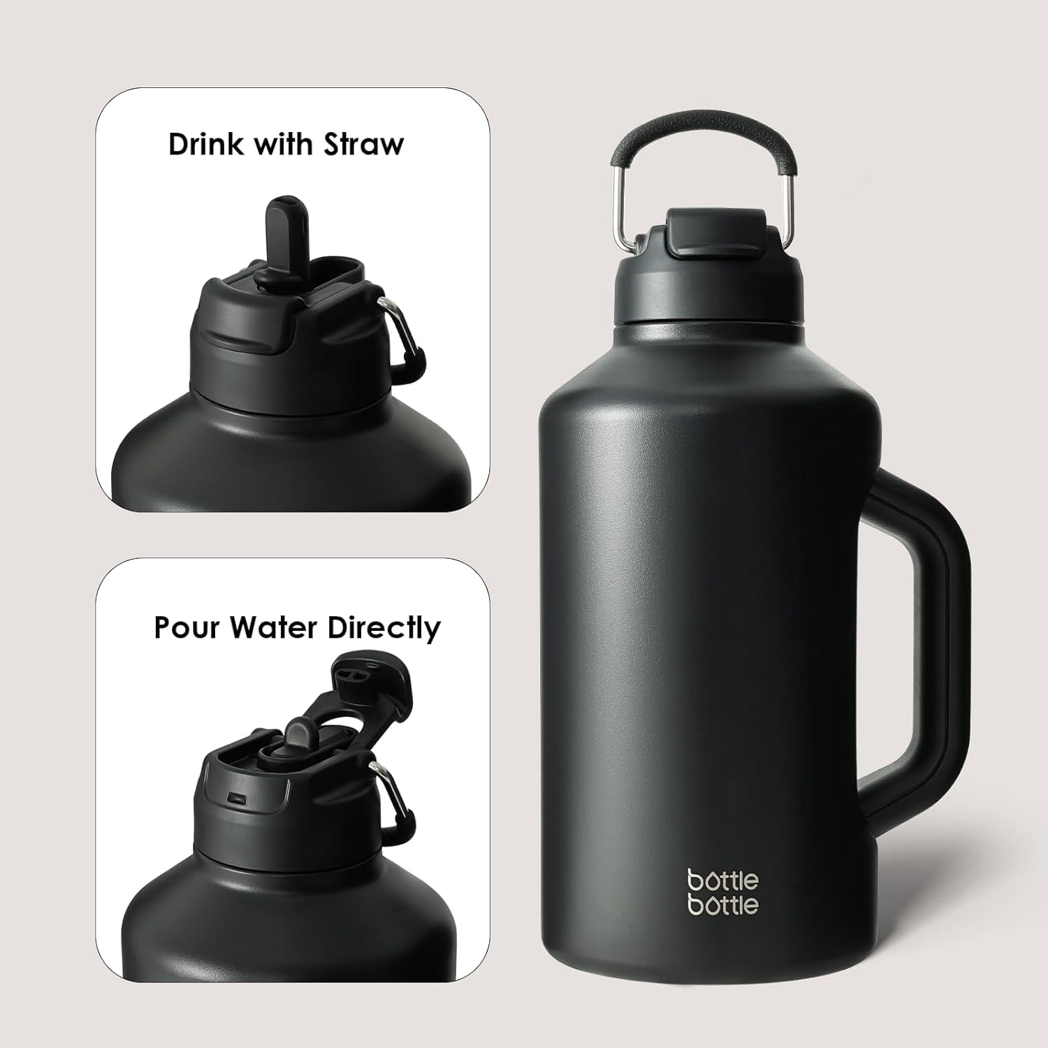 BOTTLE BOTTLE Insulated Water Bottle 64 oz with Straw handle and Dual-use Lid Half Gallon Jug Stainless Steel Water Bottle for Sports Black