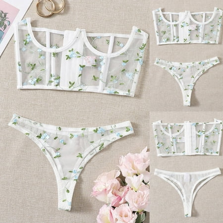 

Ykohkofe Flowers Embroidery Bra G-String Thong Sleepwear Underwear Women Lingerie