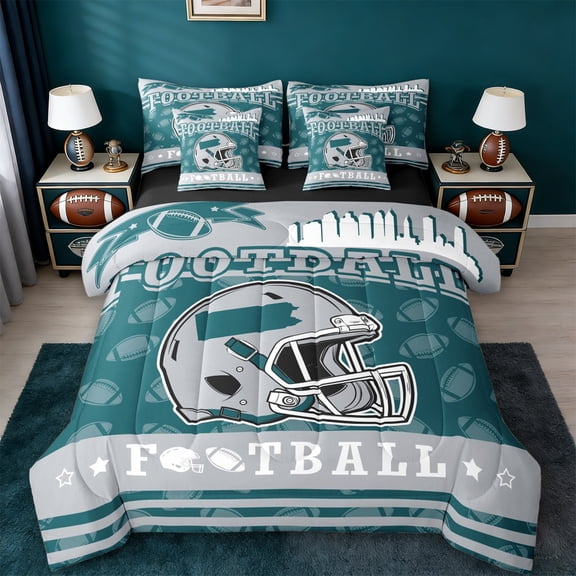 jejeloiu Green Football City 7-Piece Twin Bedding Sets,Rugby Ball Games Bedding Comforter Set For Boys Teens Reversible