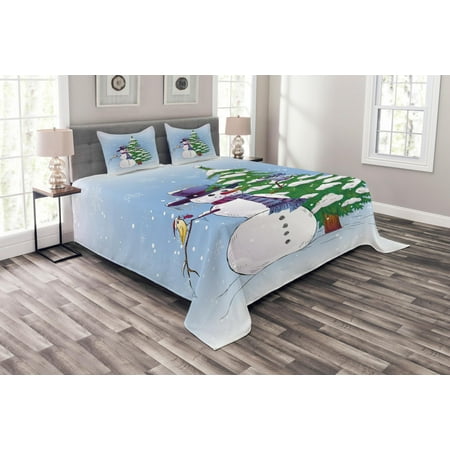 Christmas Bedspread Set Snowman In The Winter With Mistletoe