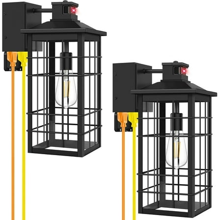 Nordic Hygge 18inch Large Size Motion Sensor Porch Light with GFCI Outlets, Black, 2-Pack