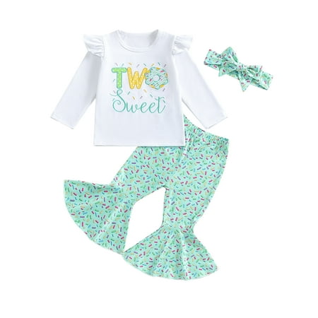 

Nygoyerh Toddler Girls Fall Outfits 12M 18M 2T 3T Long Sleeve Letter Donut Print Romper Tops + Long Flare Pants + Headband 3PCS Set Cute Infant Clothing