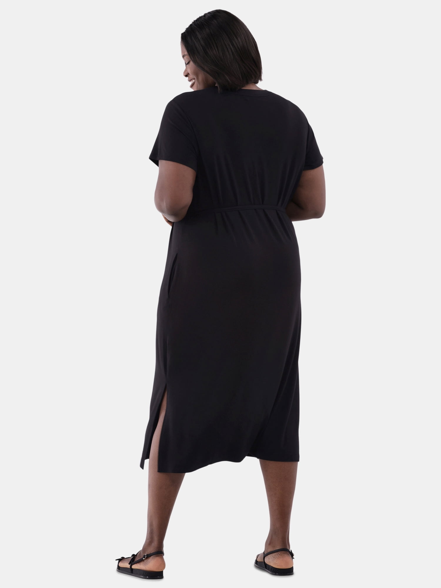Time and Tru Women's and Women's Plus Belted Dress with Short Sleeves, Sizes XS-4X