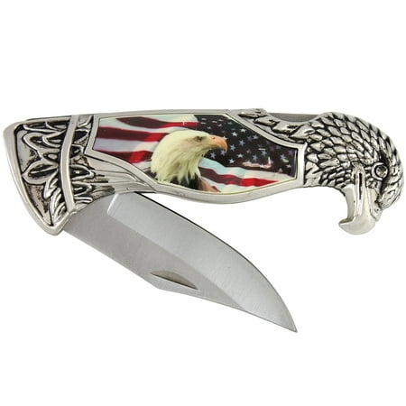 Patriotic Eagle Head And USA Flag Folding Pocket Knife + Presentation