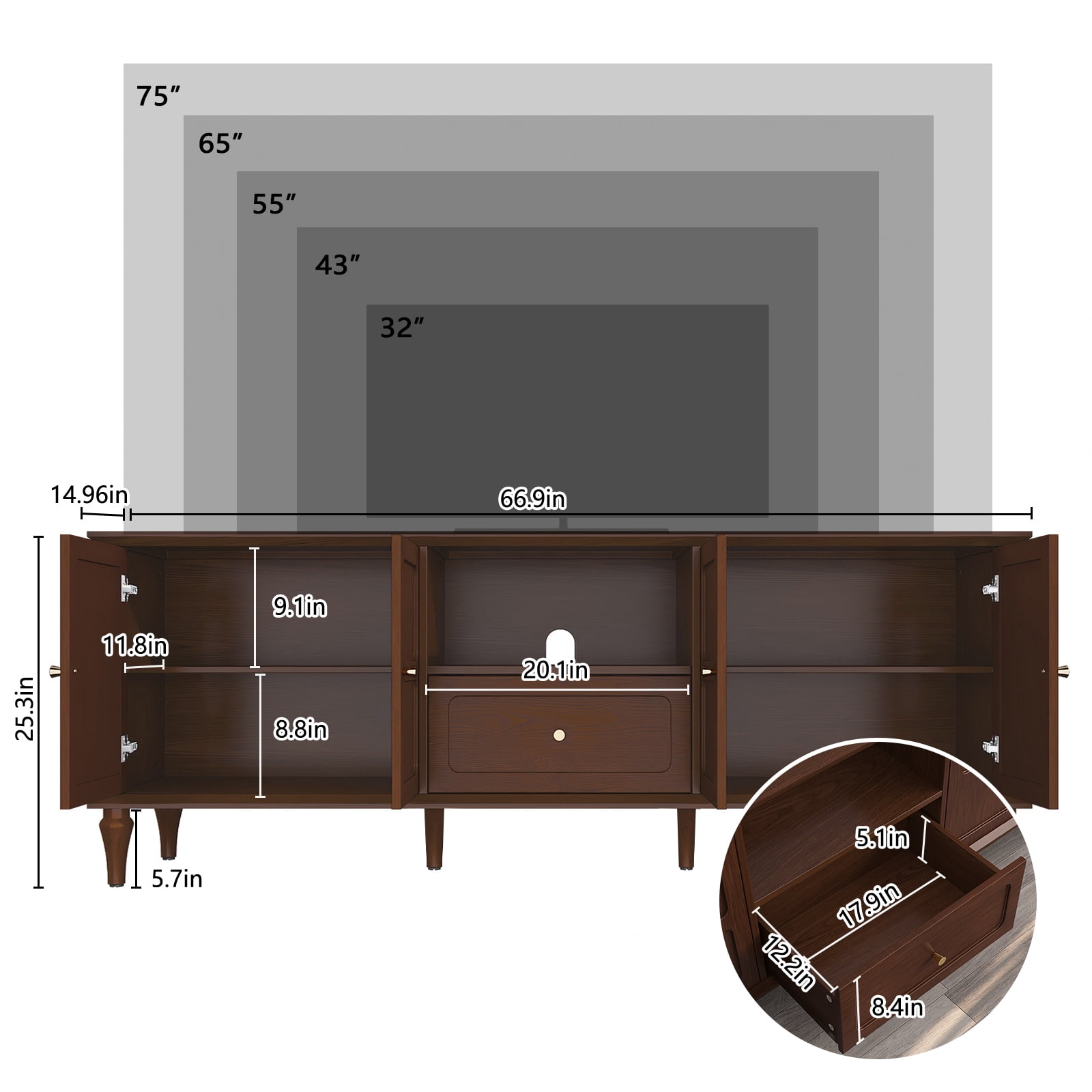 HLR Mid Century 67" TV Stand, for TVs up to 75", Living Room Entertainment Center with 4 Door Storage Cabinet, Brown
