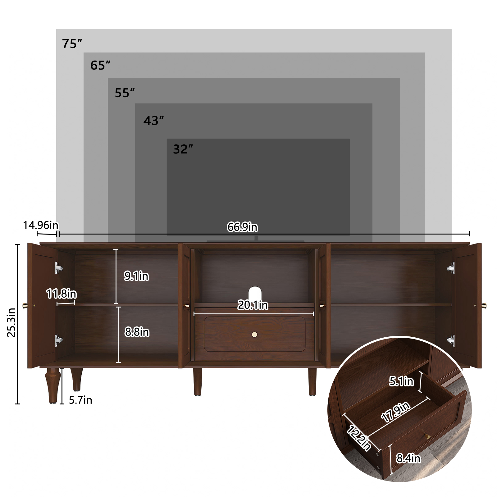 HLR 67" Mid-Century TV Stand for 75" TVs, Brown photo 8