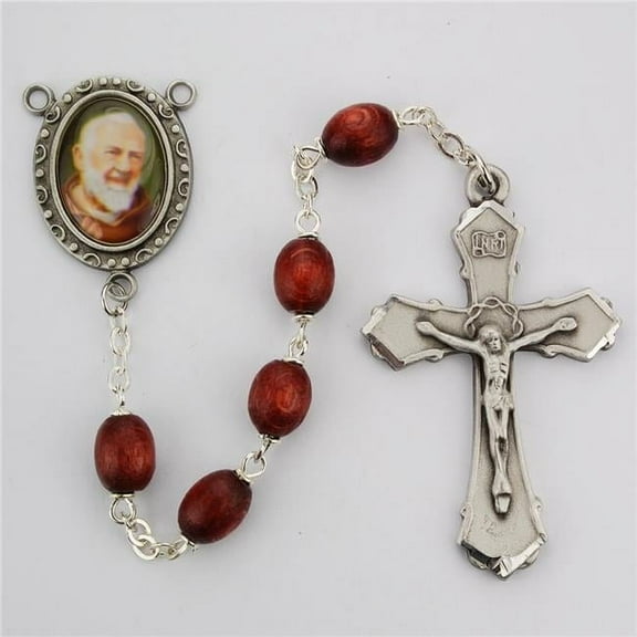 McVan R205DF 6 x 8 mm Wood Padre Pio Cross Rosary Set - Brown