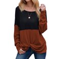 thumbnail image 1 of Women Color Block Crew Neck Long Sleeve Knot Hem Top, 1 of 6