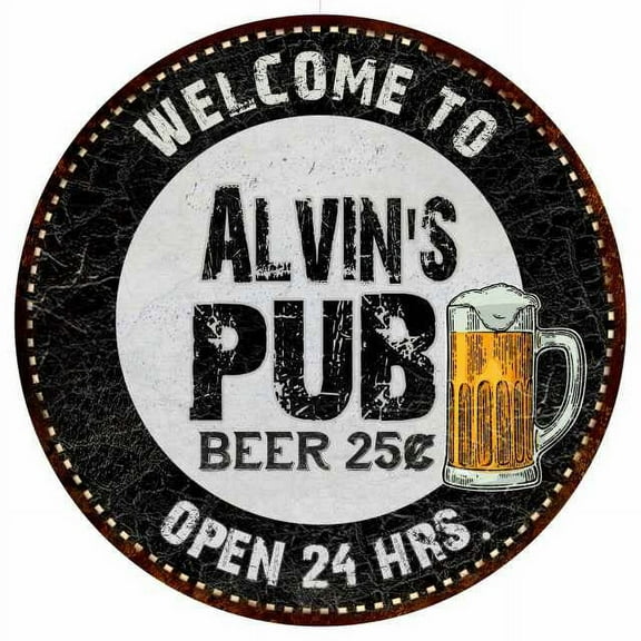 Alvin's Pub 12" Round Metal Sign Beer Bar Black Wall Décor Gift 200120039122