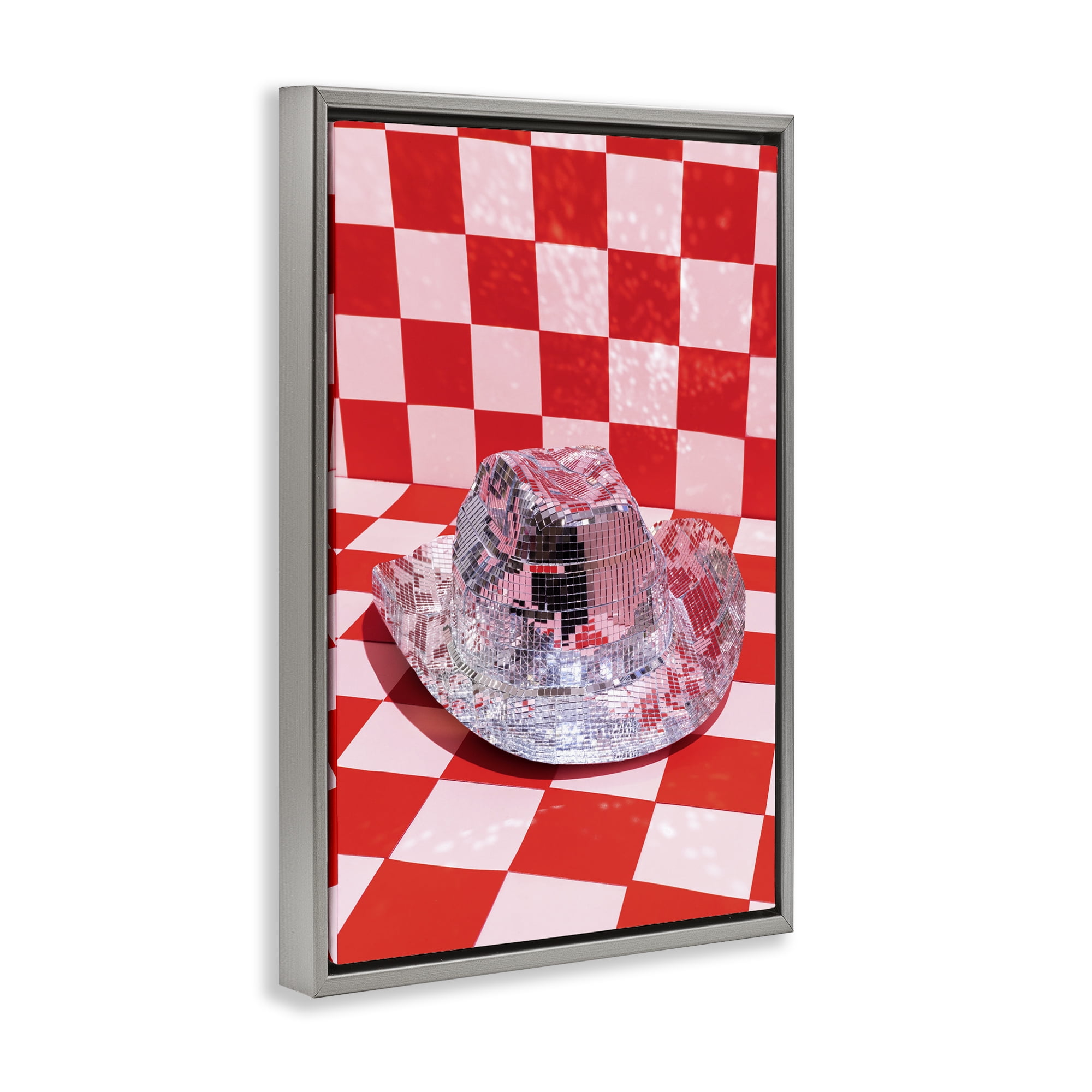 Stupell Industries Disco Patterned Cowboy Hat Performing Arts Painting Gray Floater Framed Art Print Wall Art, 21 x 31