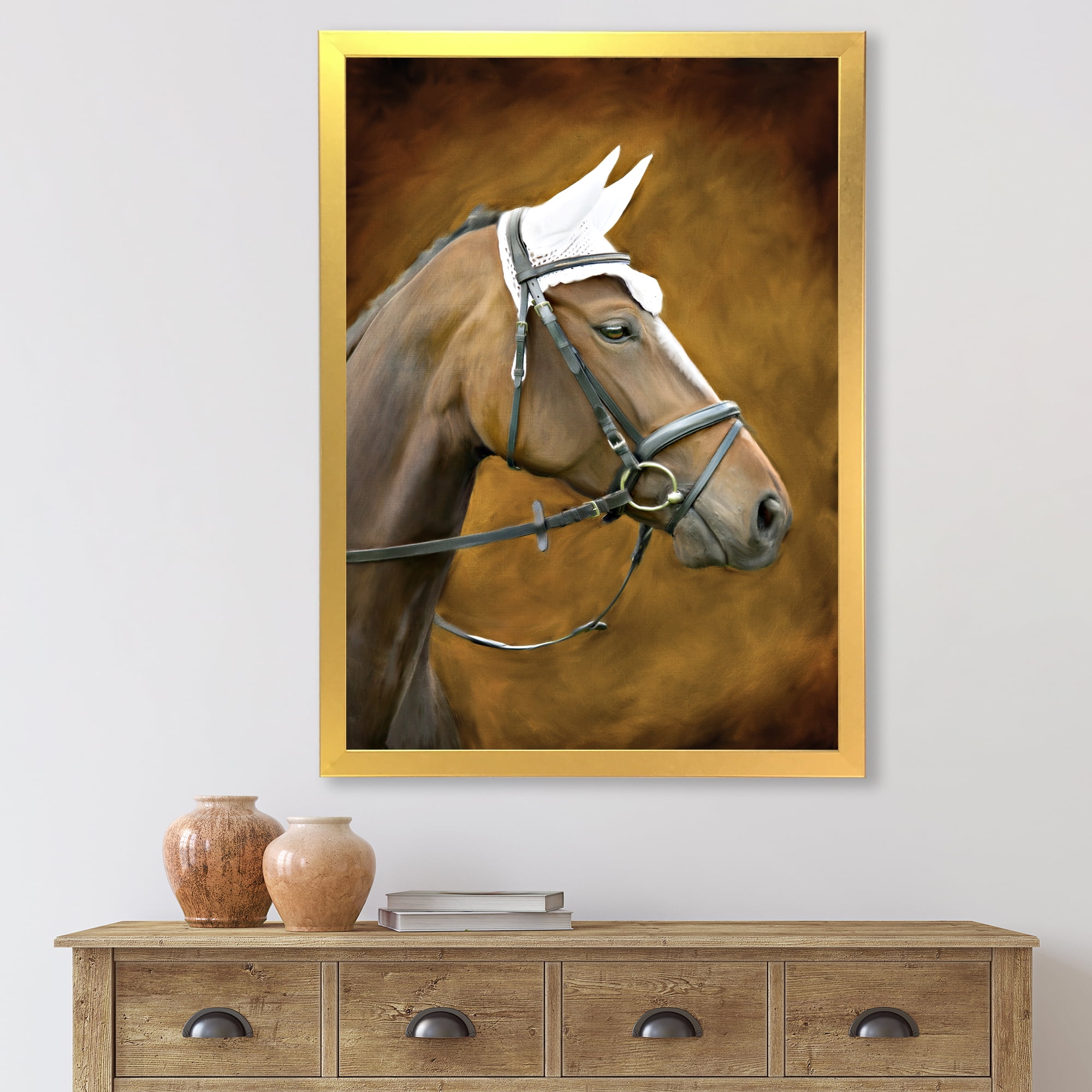 Designart 'Close Up Portrait Of Brown Horse With White Ears' Farmhouse Framed Art Print