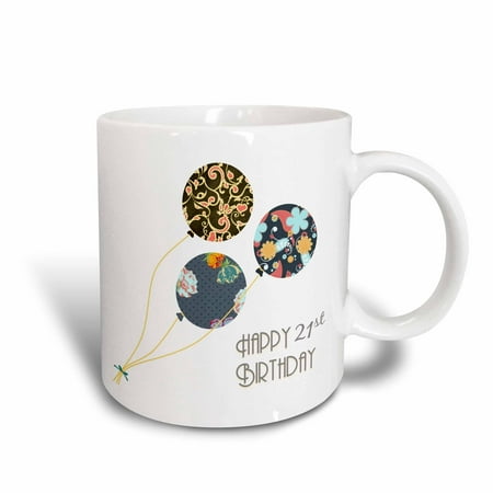 3dRose Happy 21st Birthday - Modern stylish floral Balloons. Elegant black brown blue 21 year old Bday - Ceramic Mug, (Best Gifts For 21 Year Old)