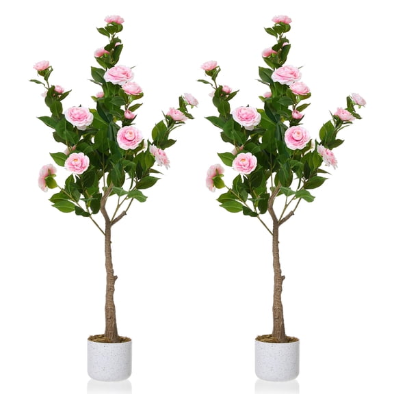 Artificial Camellia Tree 2 Pack,4FT Realistic Camellia Plants in Pot with Flowers Fake Artificial Tree for Indoor and Outdoor,Wedding Decoration,Pink