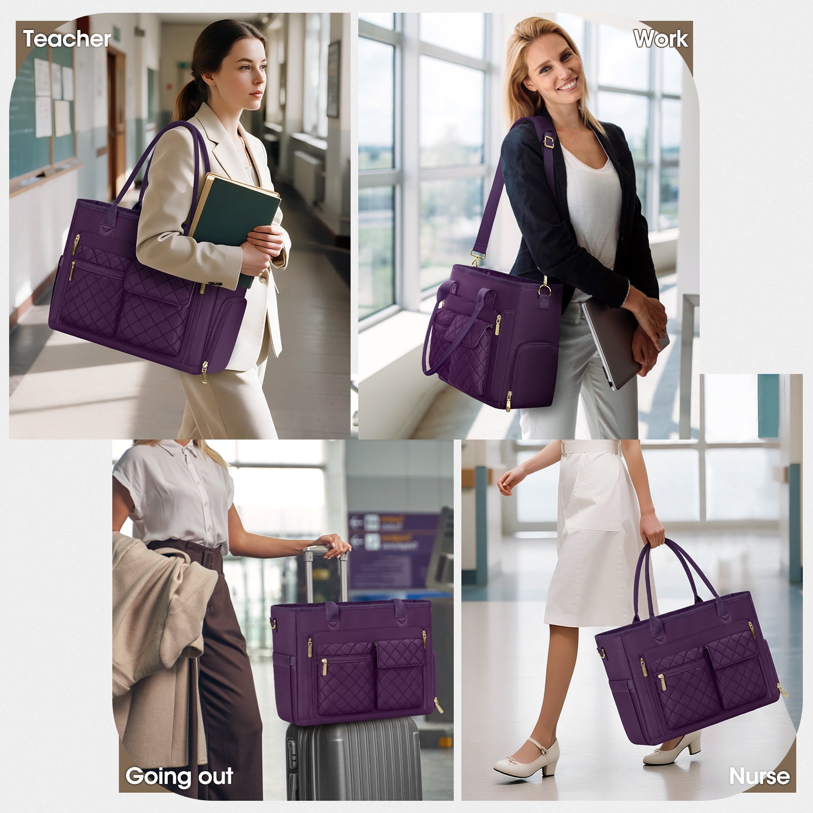 RAINSMORE Teacher Tote Bag with Insulated Lunch Compartment Lightweight 15.6 inch Laptop Bag for Women Work Bags Nurse Tote Bags,DarkPurple