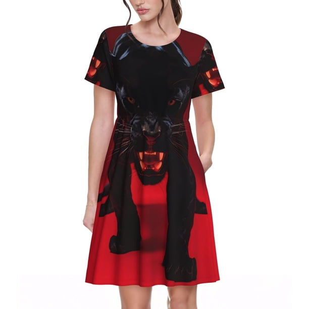 Disketp Panther Red Background para Vestido de Manga Corta para Mujeres, Vestidos de Verano para Mujeres, Casual y Holgado para la Playa