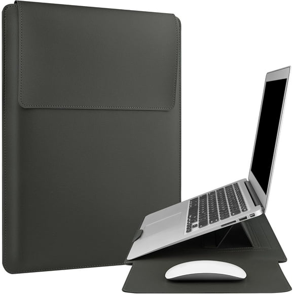 SDES-15 16 Inch Laptop Sleeve Case Waterproof Leather Adjustable Stand Compatible with Mac Book Pro 16 2021 & 2019/15.4'' Mac Book Pro 15/ More 15''-16'' HP ASUS Acer Surface,Sleeve Pouch,Grey