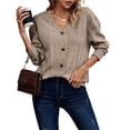 thumbnail image 3 of Suéter de Punto con Botones para Mujer, Camiseta Holgada Informal de Larga con Cuello en V para Otoño e Invierno Caqui M, 3 of 8
