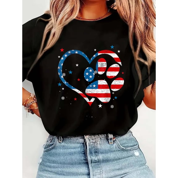 American Flag Patriotic Dog Cat Paw Print 4th Of July Black T-Shirt for Women Men