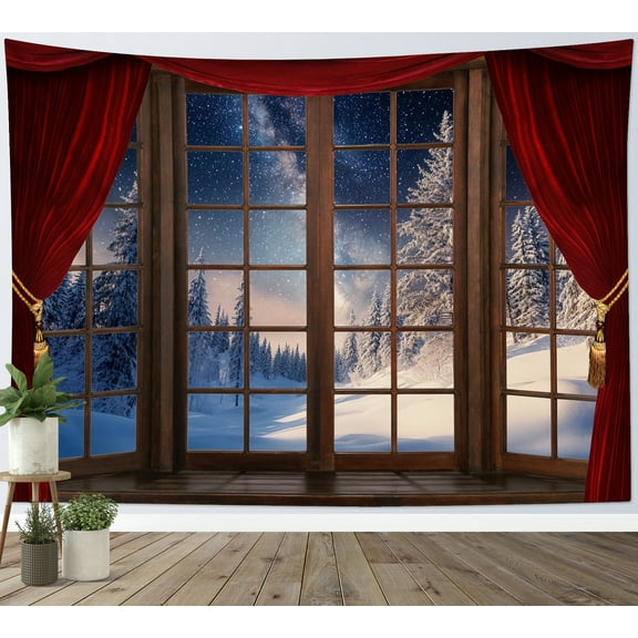 HVEST Christmas Winter Forest Tapestry Wall Hanging Snow Pine Tree Forest Outside Window Wall Tapestry for Bedroom Vintage Winter Tapestry for Living Room College Dorm Home Decor,60x40 inch