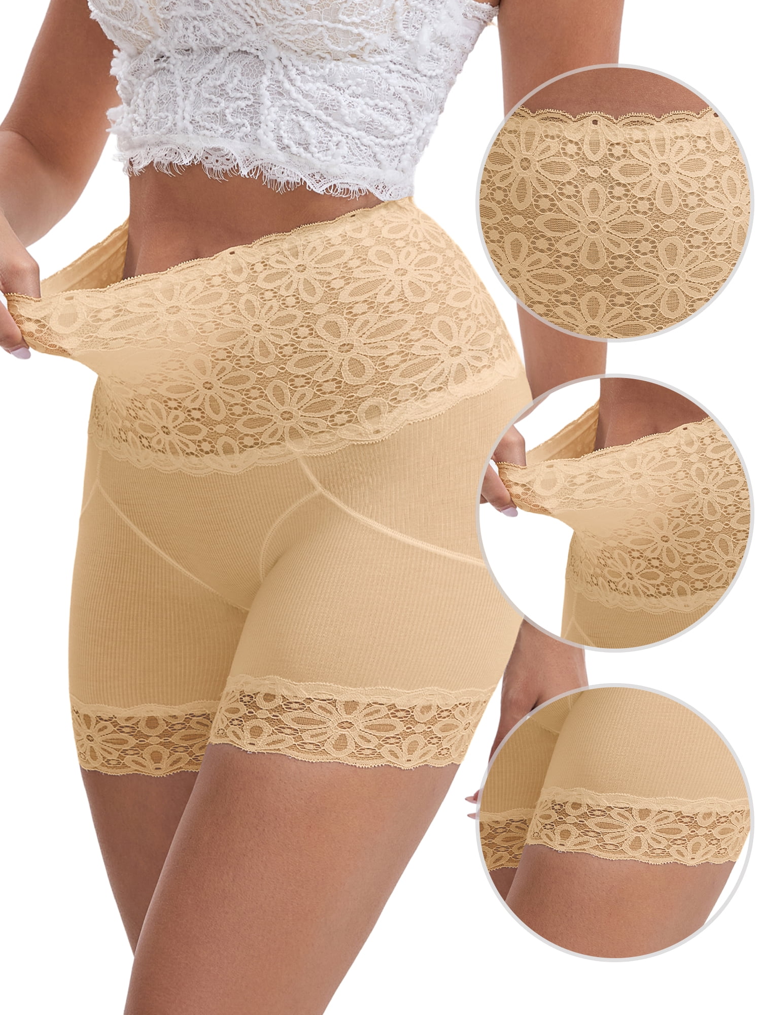 DARING DIVA Women's Lace Trim Tummy Control Slip Butt Lifter Body Shaper L Beige