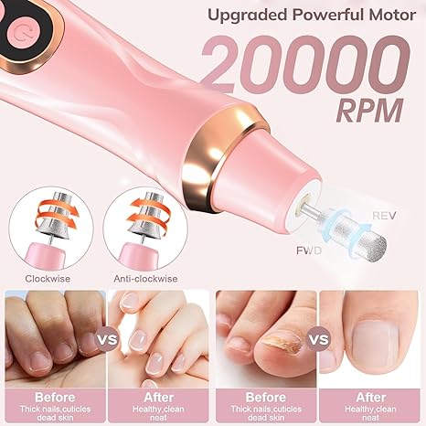 Professional Manicure Pedicure Kit Cordless Electric Nail File Set 6 Speed Cordless Nail Drill for Thick Nail Toenail Cuticle Hand Foot Care Nail Drill Tool