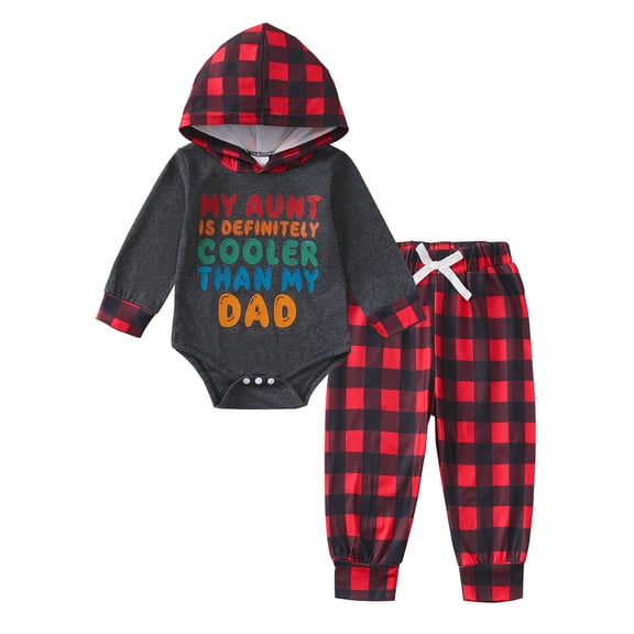Newborn Baby Boys Clothes Newborn Boys Pant Set Newborn Boys Long Sleeve Letter Print Hooded Romper Top Plaid Pants 2PCS Outfits Set Red