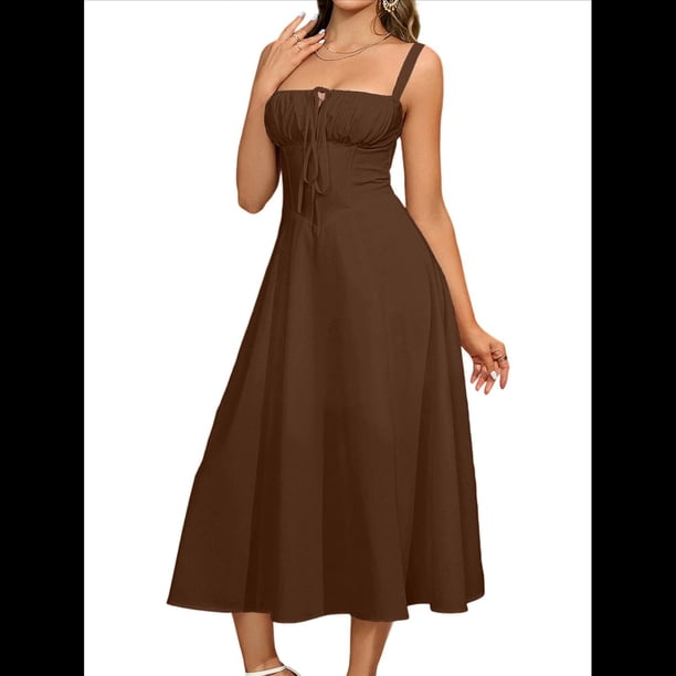 Vestido Midi con Corsé, Aberturas Fluidas y Cordones para Mujer, Vestido Informal de Verano de Corte A para Fiesta de Té. Marrón XL
