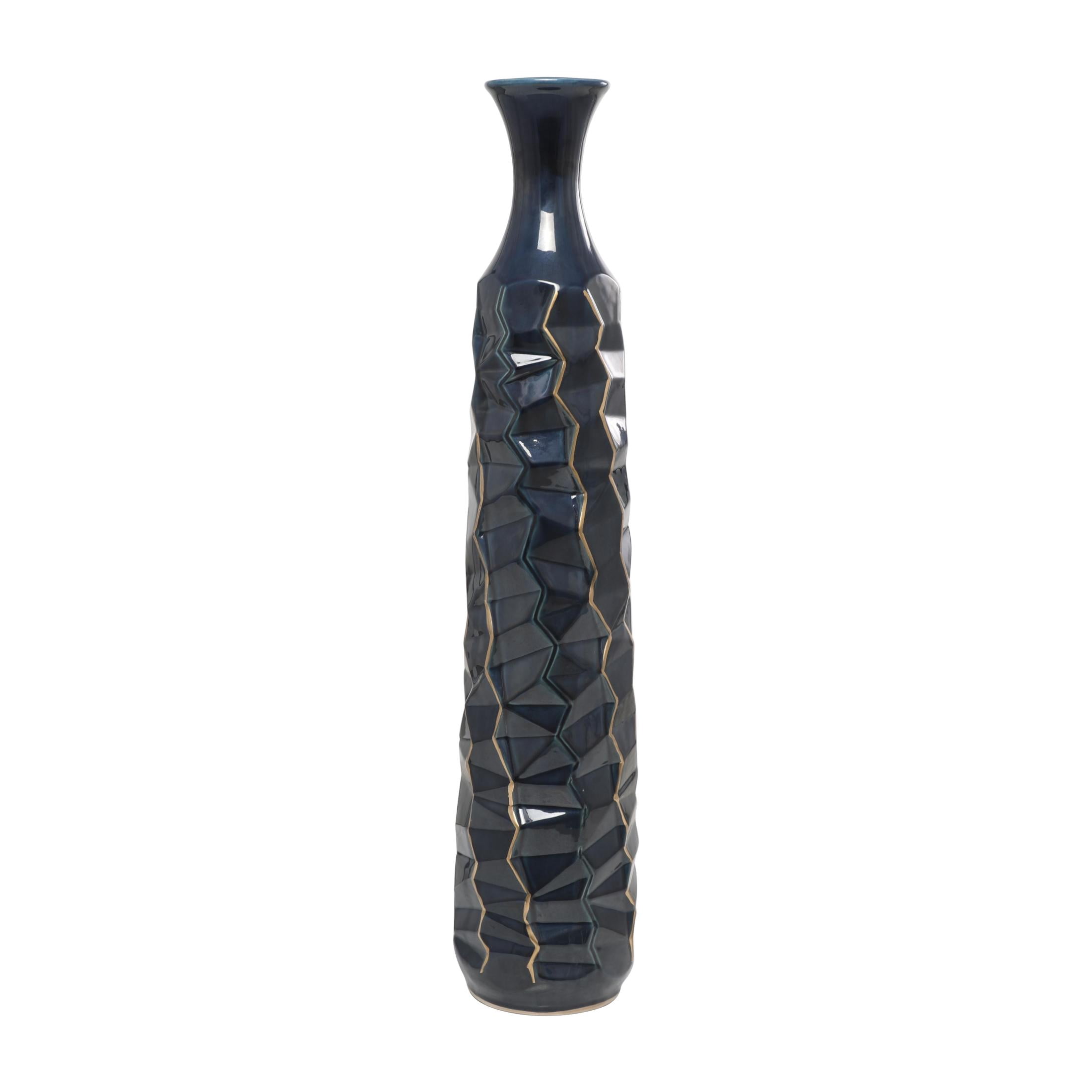 DecMode 40" Geometric Tall Floor Teal Ceramic Vase with Gold Accents