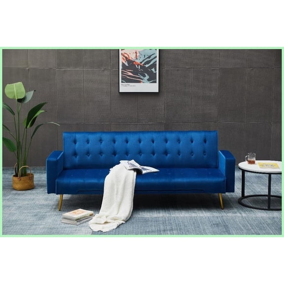 Dark Blue Premium Velvet Sleeper Sofa Bed - Compact Modern Design for Small Spaces with Gold Metal Legs