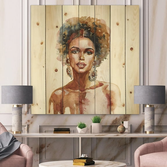 Designart 'Portrait of Afro American Woman V' Modern Print on Natural Pine Wood