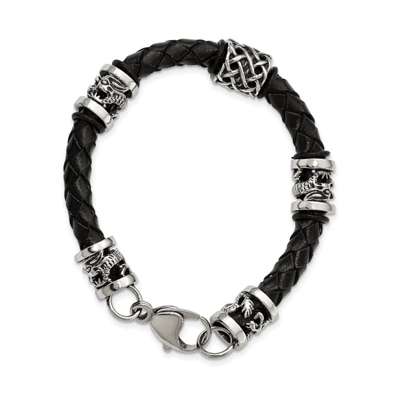Stainless Steel Polished Antiqued Dragon Black Braided Leather Bracelet