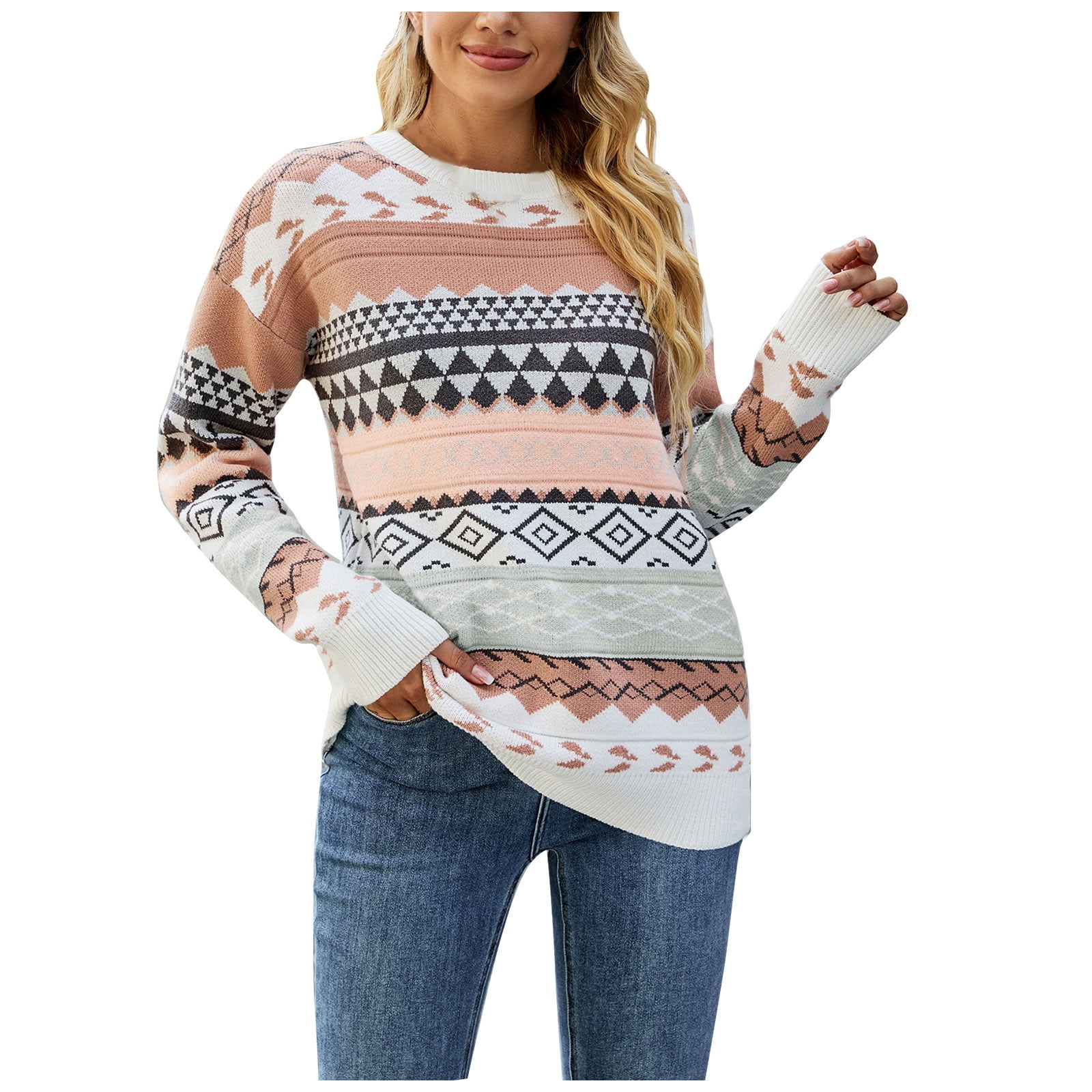 Womens Sweaters Clearance Women Fashion Casual Retro Color Contrast Printing Diamond Knitting Long Sleeve Round Neck Sweater Pink M JE Walmart