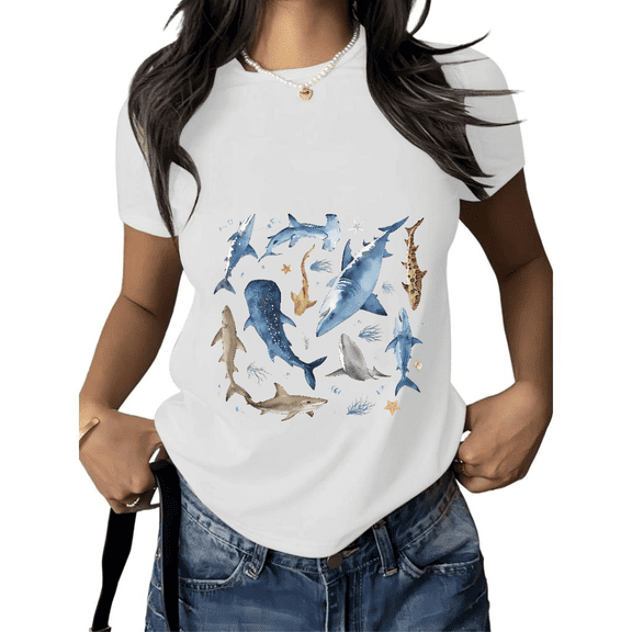 Cozymy Women's Watercolor Shark Species Art Print Crewneck Short Sleeve T-Shirt Casual Cotton Top