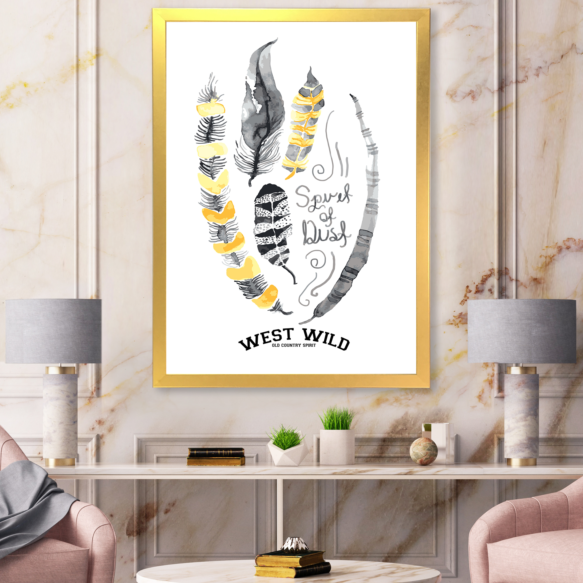 Designart 'Yellow Ethnic Plume Feathers On White' Bohemian & Eclectic Framed Art Print