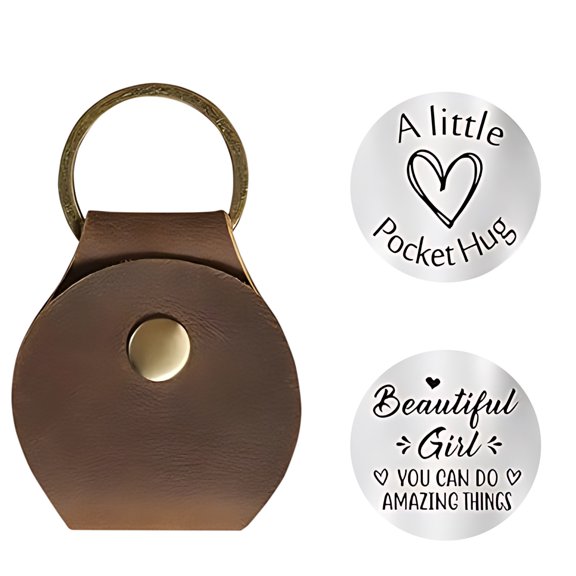 Pocket Hug Token Long Distance Relationship Keepsake, Double Sided Message Engraved with Leather Keychain