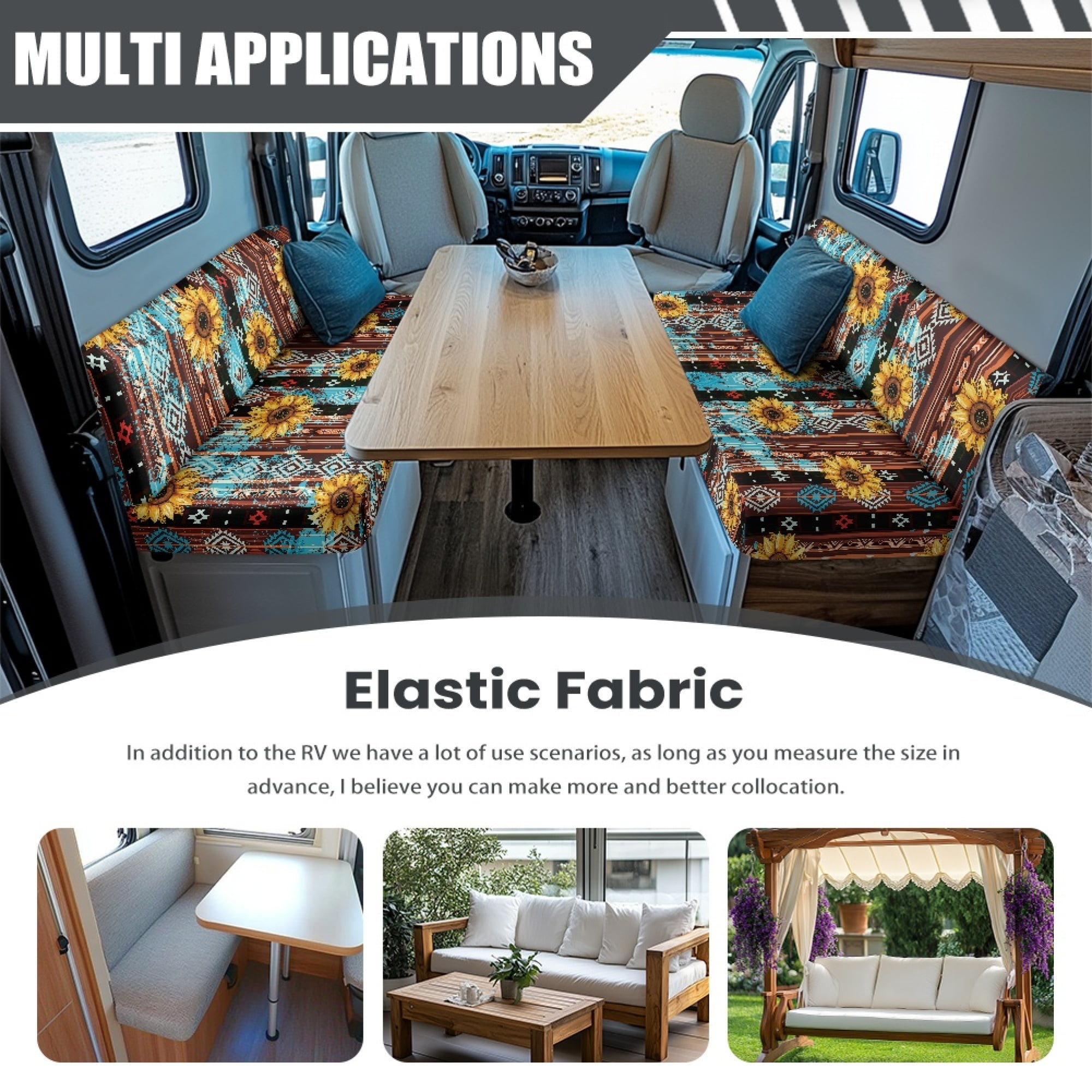 Yuyamidu Aztec RV Dinette Cushion Covers 2 Pack Sunflower RV Dinette Cushion Slipcover Elastic RV Dinette Seat Covers Breathable Camper Couch Covers Protector