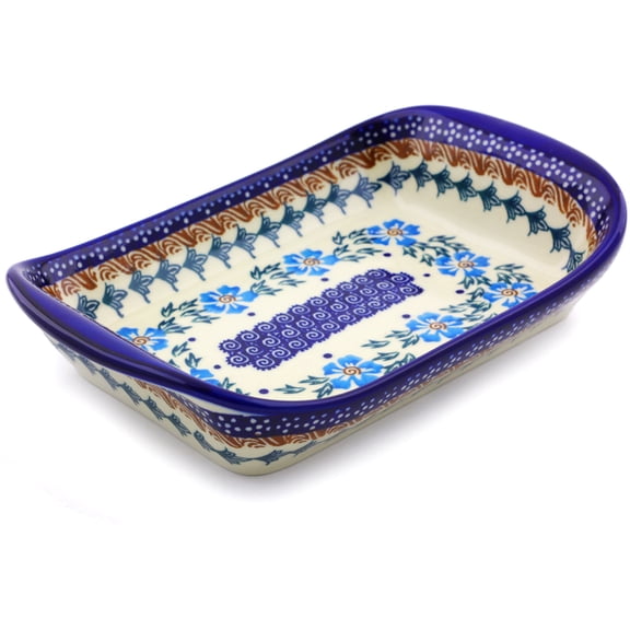 Polish Pottery 8¾-inch Platter with Handles (Blue Cornflower Theme) Hand Painted in Boleslawiec, Poland Certificate of Authenticity