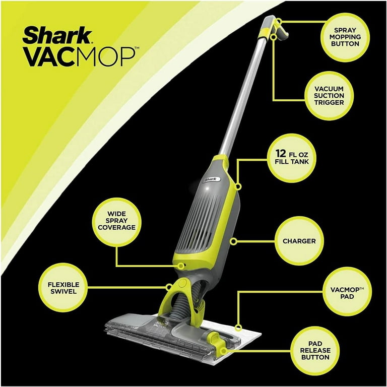Shark VM252 VACMOP Pro Cordless Hard Floor Vacuum Mop with LED Headlights,  4 Disposable Pads & 12 oz. Cleaning Solution, Charcoal Gray