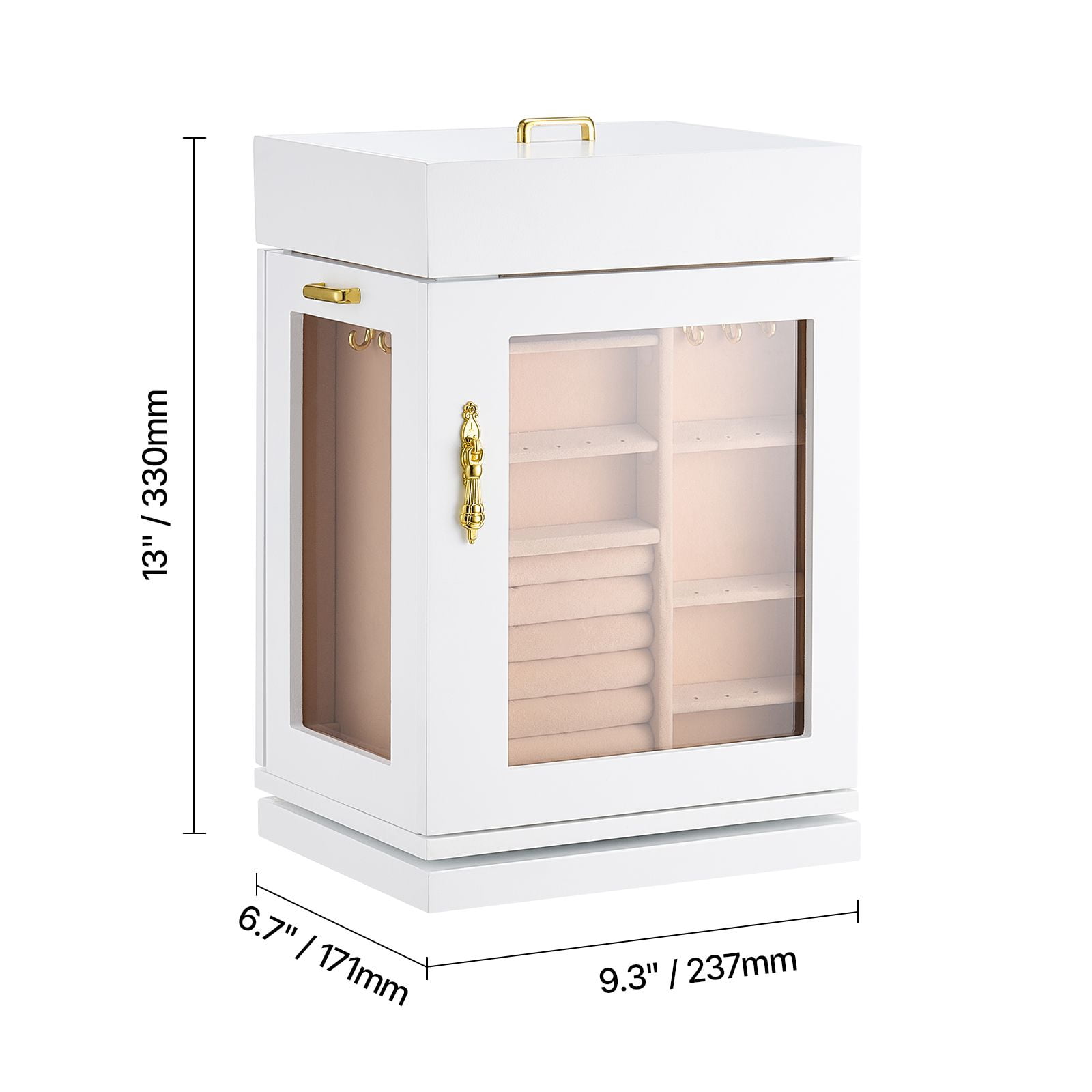 Jewelry Box Organizer with 360° Rotation, Magnetic Closure, Vertical Drawers, Metal Handle, for Rings Necklaces Earrings