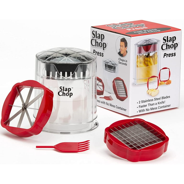 Slap Chop Vegetable Press and Dicer Stainless Steel Blades No Mess Container Slice French Fries, Fruit, and More in Seconds