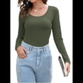 thumbnail image 2 of Camiseta de Cuello en U para Mujer, Camiseta de Larga de Color Liso, Suave, Elástica, Ropa Informal, Básica Verde XXL, 2 of 9