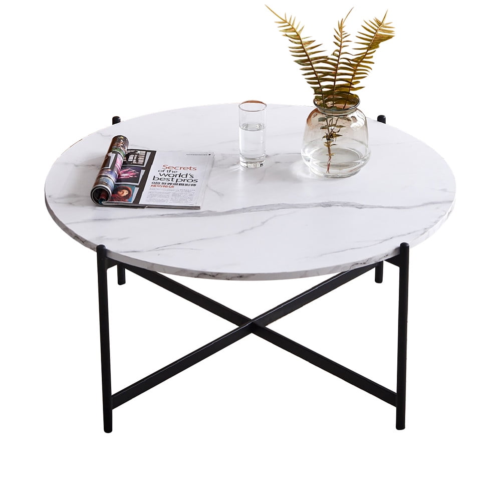 36 Inches Large Round Coffee Table Marble and Black Modern ...
