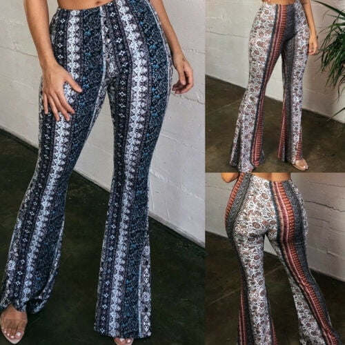 Honganda Women Boho Hippie High Waist Printed Wide Leg Flared Bell Bottom Pants