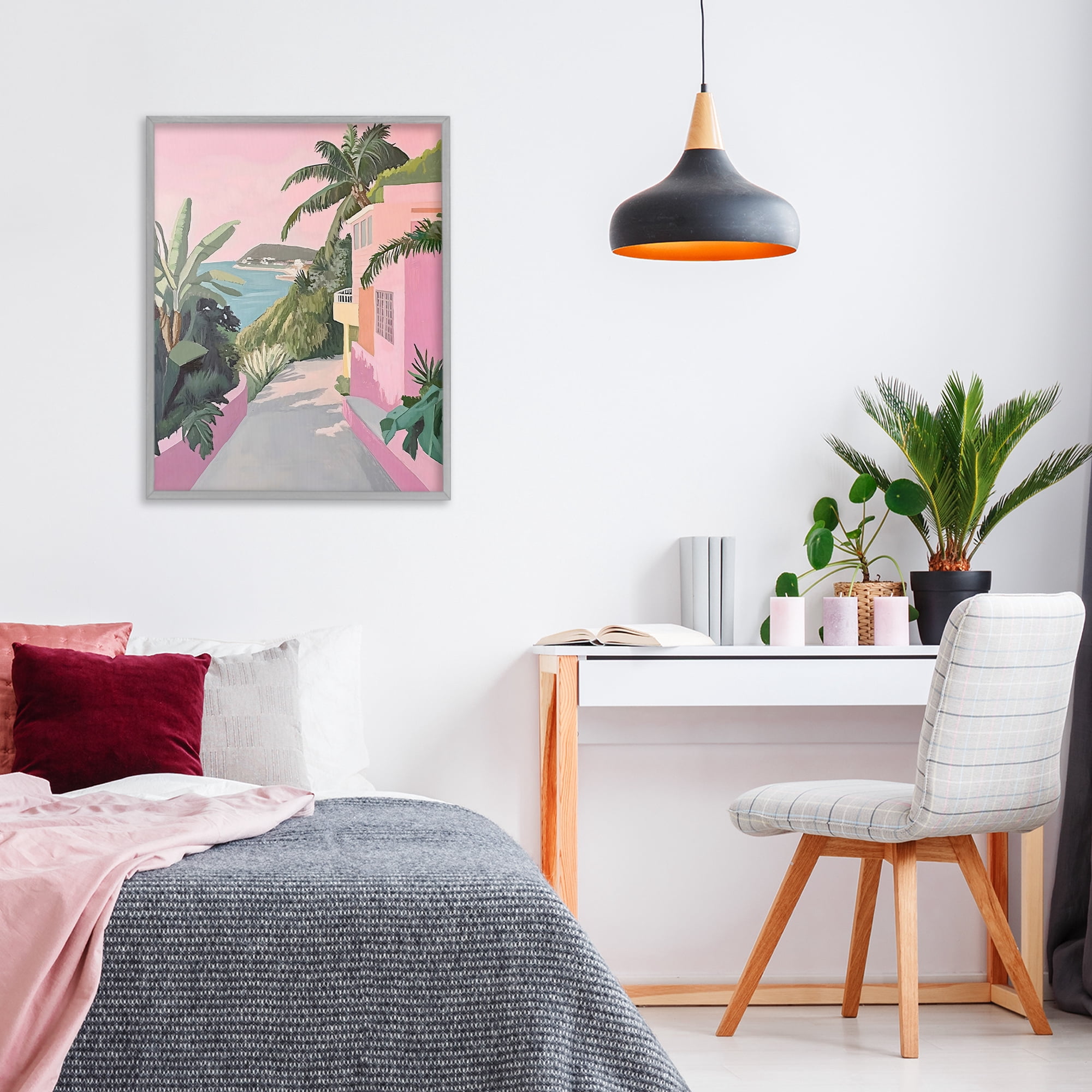 Stupell Industries Mediterranean Pink Coastal House Gray Framed Giclee Art, design by The Prints Vibe