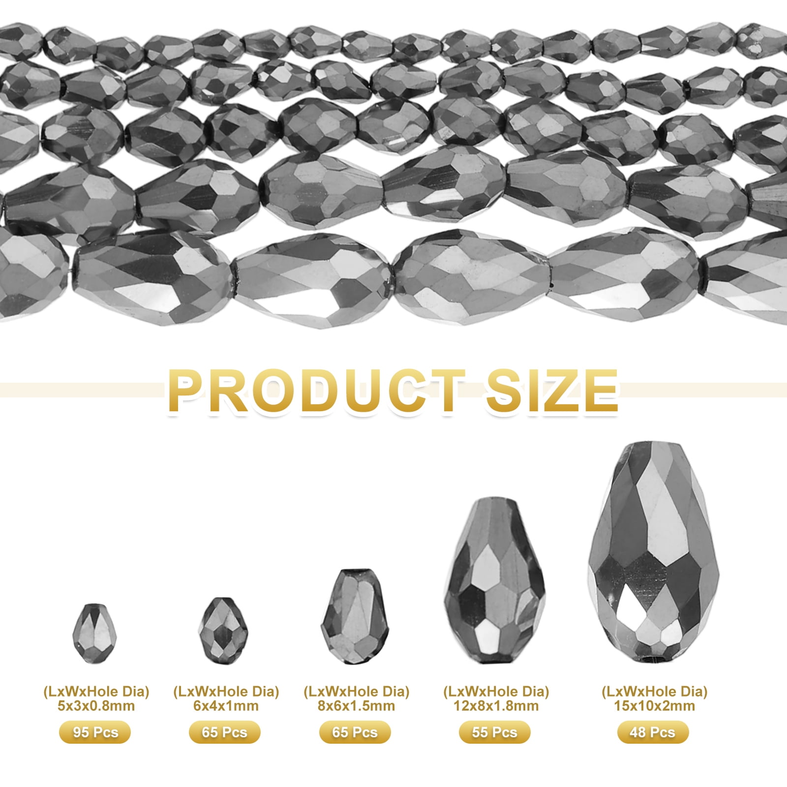 Uxcell 328 PCS Teardrop Crystal Glass Beads, 3x5mm 4x6mm 6x8mm 8x12mm 10x15mm Vertical Hole Faceted Glass Teardrop Spacer Beads for Necklace Bracelet DIY Jewelry Making, Silver