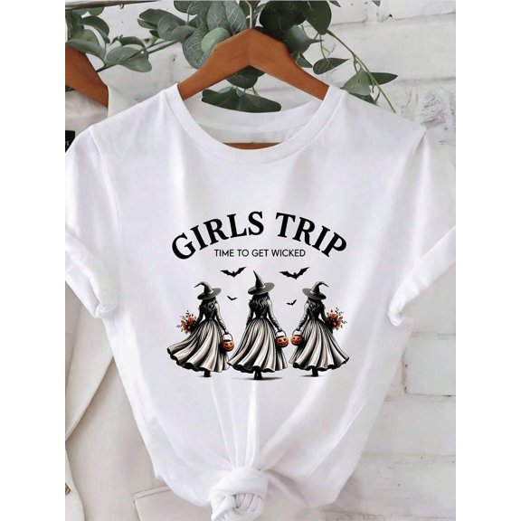 Trip Witch Halloween Print Women Crew Neck T-Shirt, Short Sleeve Fall Party Casual Gift Tee For Best Friends