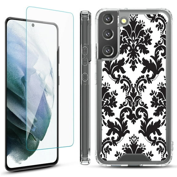 Shockproof Bumper Phone Case for Samsung Galaxy S22  / S22 Plus 5G, with Tempered Glass Screen Protector, by OneToughShield ® - Victorian White/Black