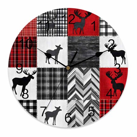 Silent Wall Clocks Battery Operated, Rustic Farmhouse Checkered Plaid Round Decorative Wall Clock for Living Room Bedroom Kitchen Bathroom Classroom Decor, 14 Inch Country Cabin Deer Red Black White