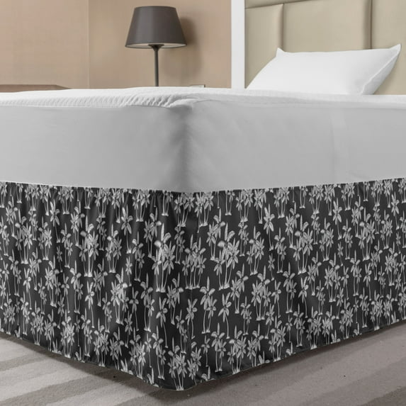 Tropical Bed Skirt, Monochrome Exotic Nature Palm Trees Coconut Leaves Palmatia Rhythmic Print, Elastic Bedskirt Dust Ruffle Wrap Around for Bedding Decor, 4 Sizes, Grey and White, by Ambesonne